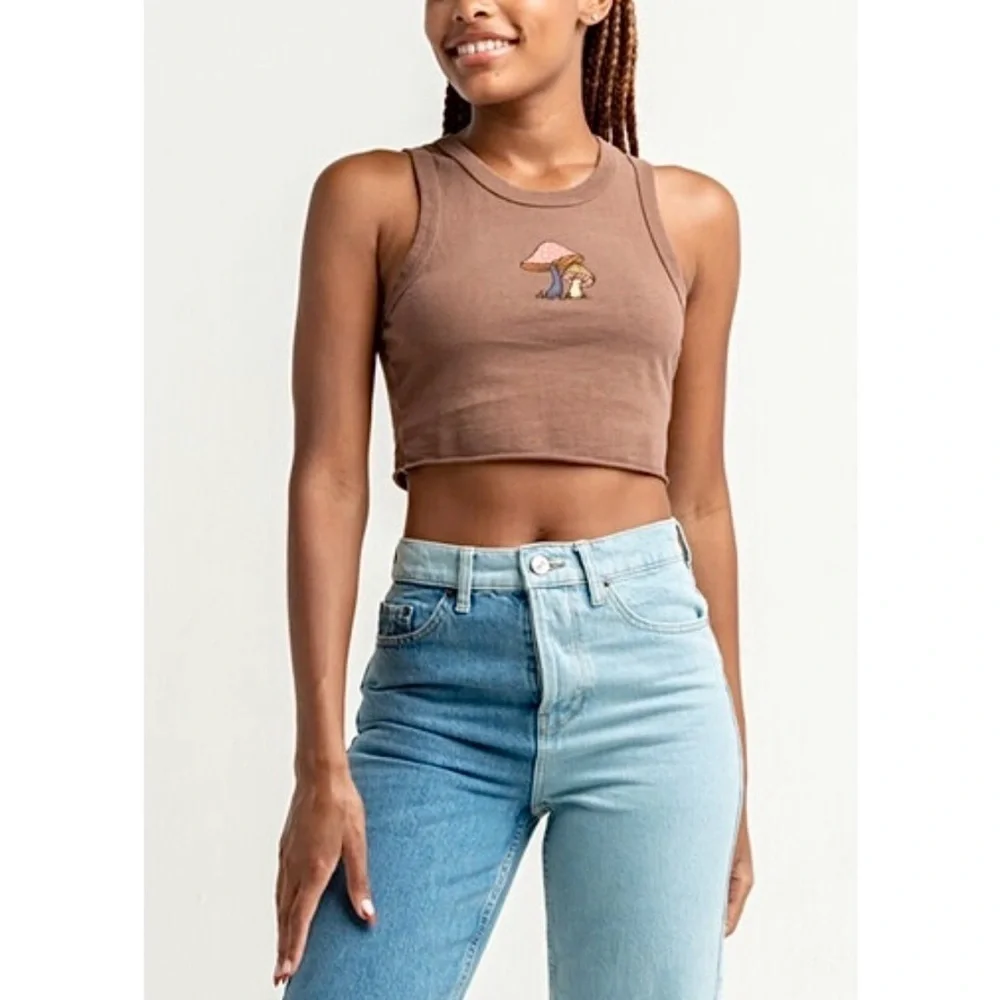 Full Tilt Mushroom Cropped Tank Raw Hem Brown Size XS - Picture 2 of 8